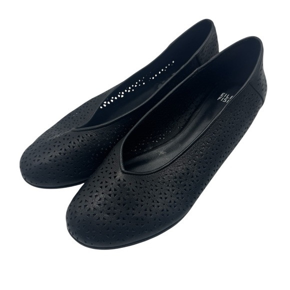 Eileen Fisher Black Eyelet Leather Classic Ballet Flats Size 8 - Picture 1 of 13